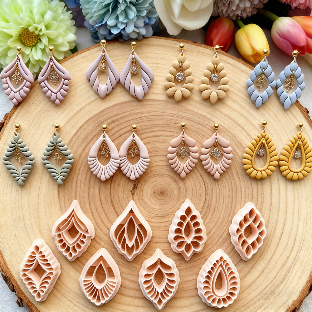 Diamond Stud Earrings - Art Scalloped Teardrop Deco Polymer Clay