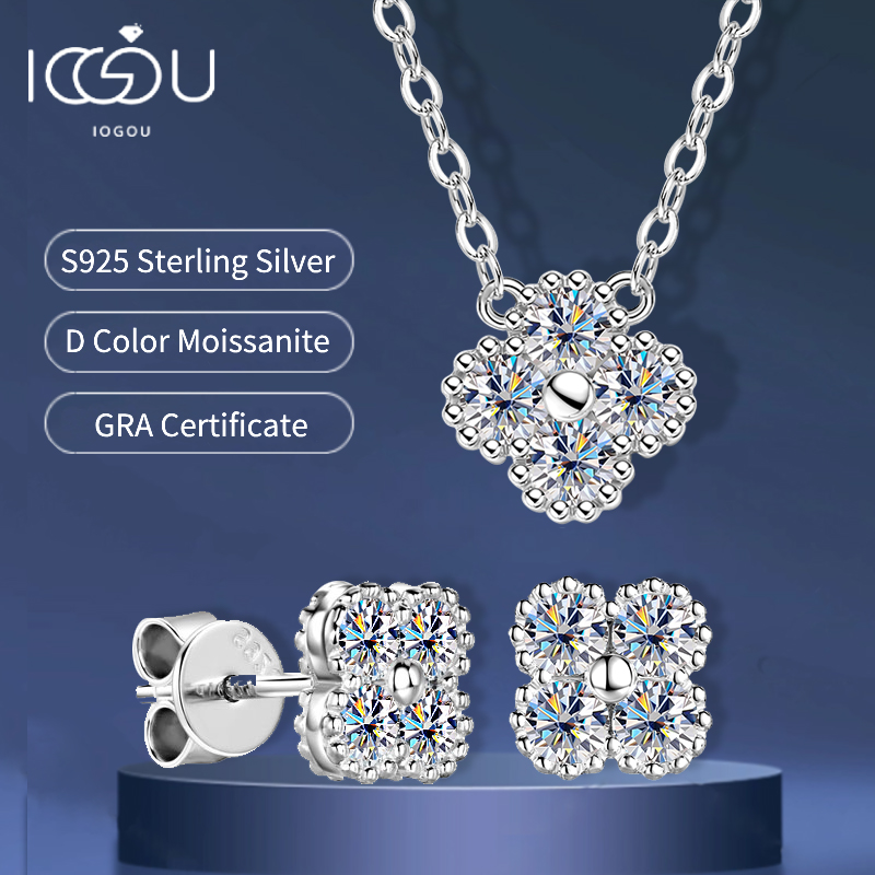 Diamond Stud Earrings - Moissanite Clover Flower Jewelry Set 18k